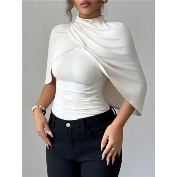 Ruched Mock Neck Shawl Half Sleeve Top - Picture 3 of 5